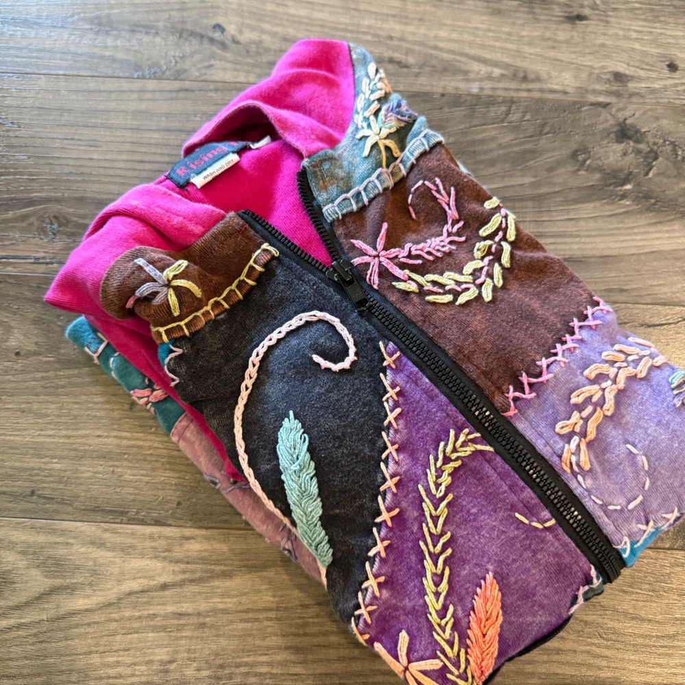 Rising Tide Patchwork Embroidered Full Zip Hoodie Boho Cotton Pink Multi Color